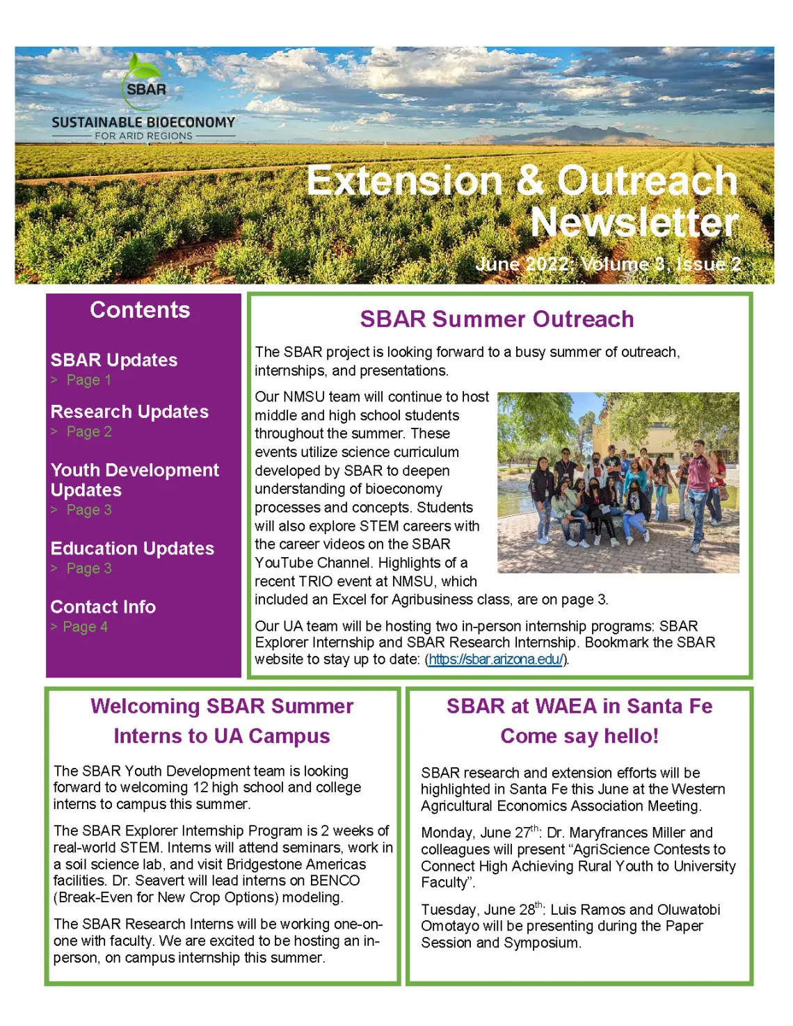 SBAR Extension and Outreach Newsletter June 2022 SBAR Extension and Outreach Newsletter June 2022