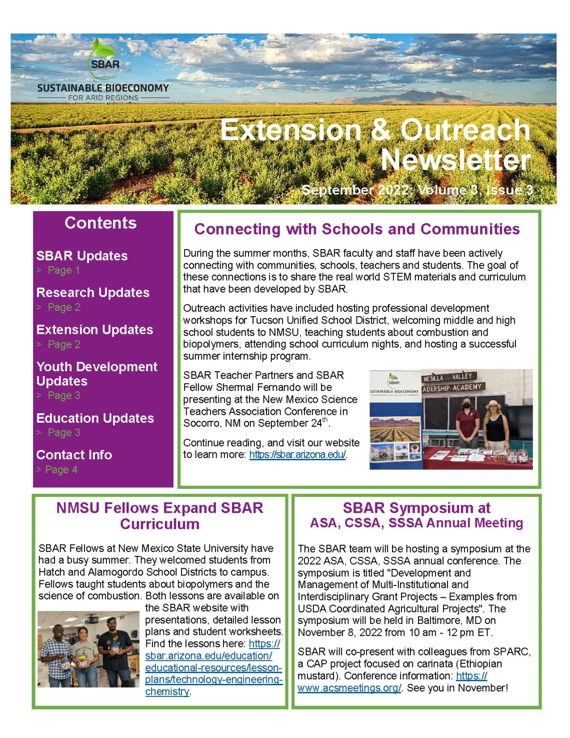 SBAR Extension and Outreach Newsletter September 2022 SBAR Extension and Outreach Newsletter September 2022